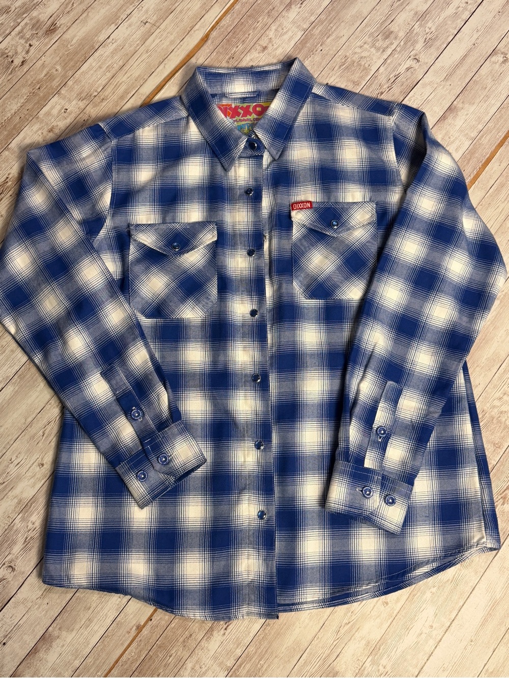 DIXXON womans Blue and White Plaid Button-Down Shirt